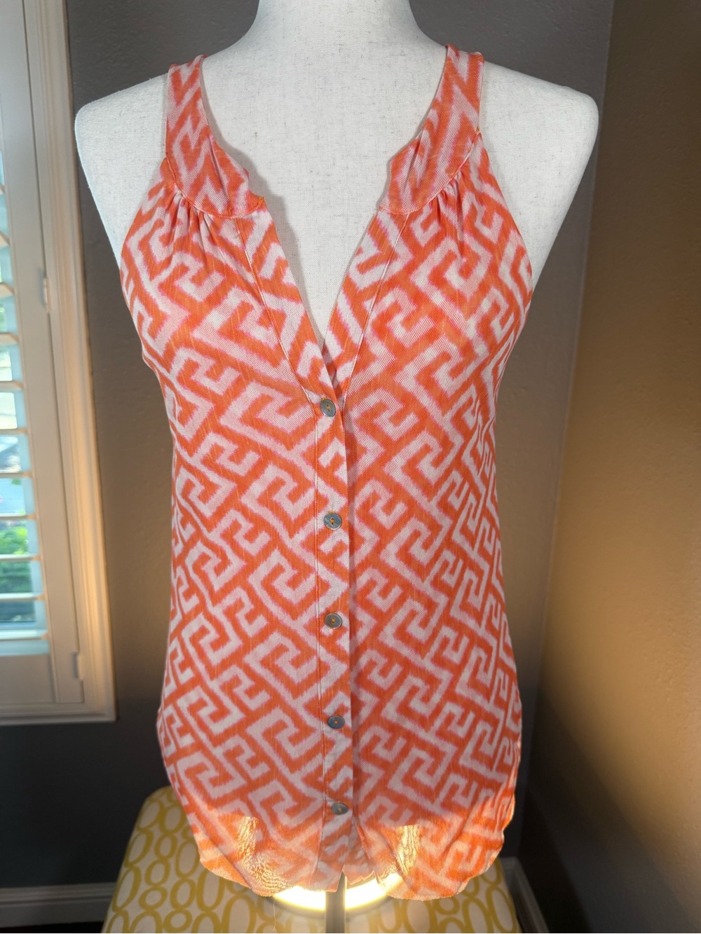 Sweet Pea Coral and White Sleeveless Button-Front Tank